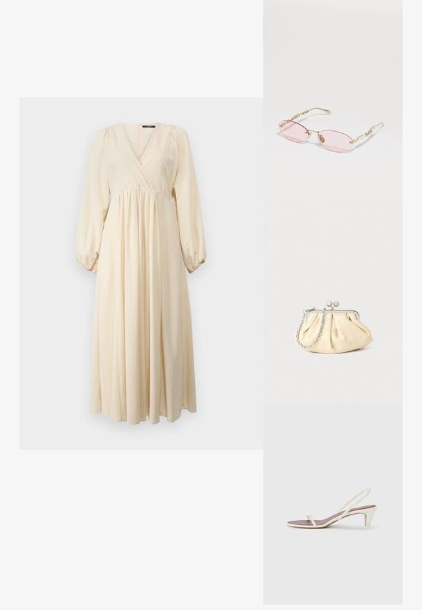WEEKEND MaxMara FRANCIS - Dienas kleita - ecru; Baltas siksnas sandales ar nelielu papēdi, plānām siksniņām un gludu ādas tekstūru; ar nelielu dekoratīvu sprādzi.; Gucci Saulesbrilles - gold-coloured/pink; Rūpīgi pleatota bežīga ādas somiņa ar sudraba metāla rāmi, kurai ir divas apaļas dekoratīvas sprādzes un sudraba ķēdes siksna.
