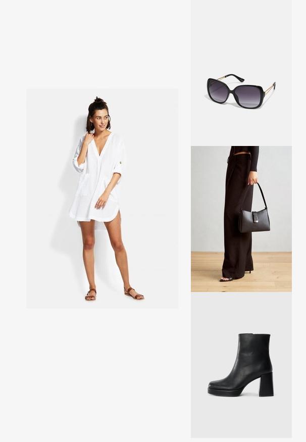 Robe chemise blanche, légère, avec un décolleté en V, des manches trois-quarts, des poches avant et une coupe décontractée. Présente des détails de couture minimalistes.; Bottine en cuir noir avec un talon bloc et une semelle plateforme, vue de côté sur un fond blanc uni.; Lunettes de soleil noires surdimensionnées avec des verres dégradés, monture épaisse et détails en chaîne dorée sur les branches.; Sac à main noir à la forme structurée, texture lisse et fermoir métallique. Associé à un pantalon noir ample et des sandales ouvertes sur un sol en bois.