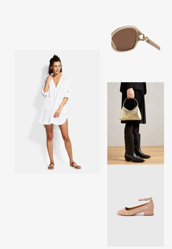 Valkoinen, kevyt puseromekko, jossa on V-pääntie, kolmannen vartalon mittaiset hihat, etutaskut ja rento mitoitus. Sisältää minimaalista ompelu yksityiskohtia.; Patentoitua nahkaa oleva vaaleanpunainen tasapohjakenkä, jossa on pyöreä kärki, nilkkaremmi ja matala lohkopohja. Tasainen pinta ja minimalistinen muotoilu.; Vaaleanbeige aurinkolasit, joissa on ruskeat linssit, pyöreä neliökehys, kultaiset yksityiskohdat sarvessa ja kevyesti teksturoitu varsiosa.; Kultainen teksturoitu käsilaukku, jossa on kaareva muoto ja lyhyt kahva, jota pitää henkilö, joka käyttää mustaa laskostettua hametta ja mustia nahkasaappaita.