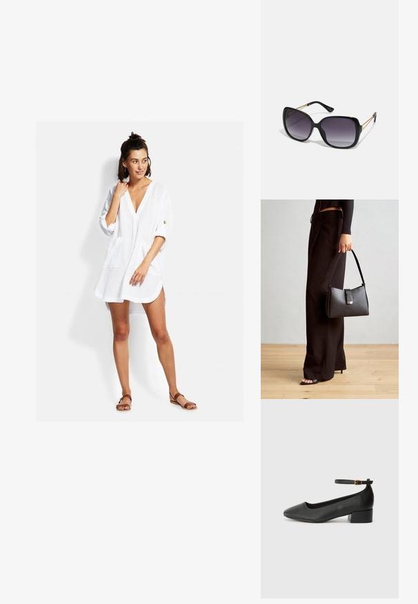 Witte, lichte jurkblouse met V-hals, driekwart mouwen, voorzakken en een ontspannen pasvorm. Bevat minimale stikdetails.; Zwarte leren pump met een spitse neus en een lage blokhak. Beschikt over een enkelband met een goudkleurige gespsluiting. Gladde textuur.; Zwarte oversized zonnebril met gradient glazen, dikke montuur en gouden kettingdetails op de pootjes.; Zwarte handtas met gestructureerde vorm, gladde textuur en een metalen sluiting. Gecombineerd met brede zwarte broeken en sandalen met open teen op een houten vloer.