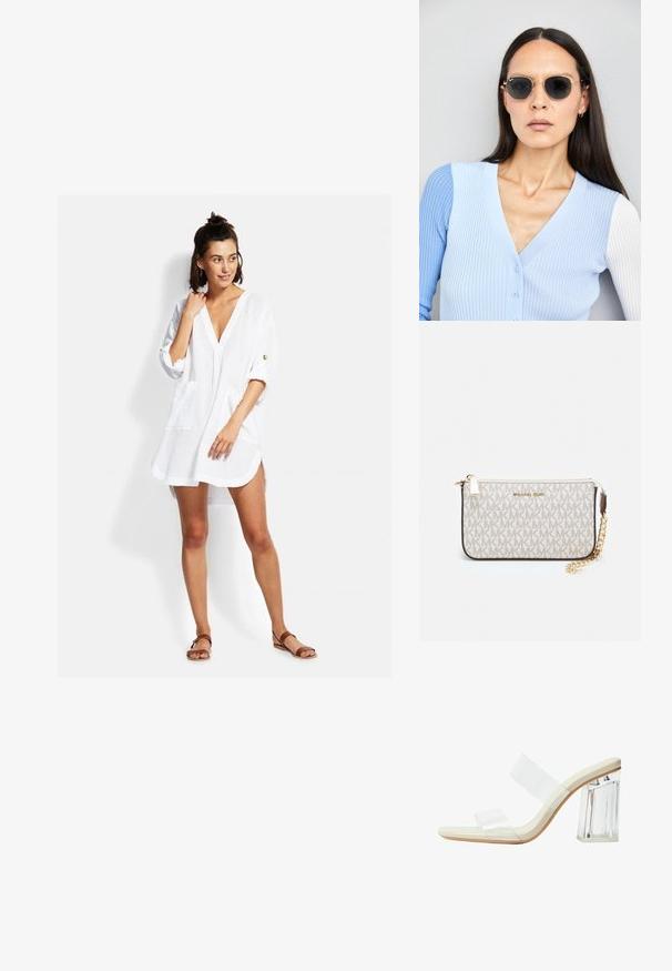 Weißes, leichtes Hemdkleid mit V-Ausschnitt, dreiviertelÄrmeln, Fronttaschen und lockerer Passform. Verfügt über minimale Nähdetails.; Klare Absätze Sandalen mit transparenten Riemen, einem beigen Fußbett und einem klobigen klaren Blockabsatz. Elegantes und glattes Design mit einem minimalistischen Ästhetik.; Runde Sonnenbrillen mit dunklen Gläsern und goldenen Rahmen. Das Modell trägt eine hellblaue, gerippte Strickjacke mit Knöpfen und weißen Kontrastärmeln.; Michael Kors Clutch in beige beschichtetem Canvas mit einem wiederholten MK-Logo-Muster, goldfarbener hardware und einem abnehmbaren Kettenriemen.