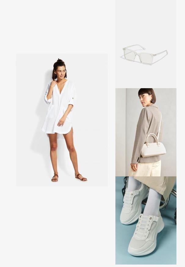 White, lightweight shirt dress with a V-neck, three-quarter sleeves, front pockets, and a relaxed fit. Features minimal stitching details.; White sneakers featuring a mesh material, rubber sole, lace-free design with elastic bands, and gold-toned accents.; Clear plastic square-frame glasses with translucent lenses, featuring gold accents on the temples for added detail.; White structured handbag with short handles and a shoulder strap, featuring gold hardware accents and textured material, displayed against a grey background.