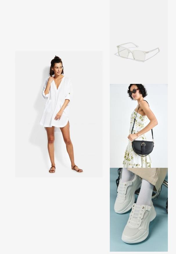 White, lightweight shirt dress with a V-neck, three-quarter sleeves, front pockets, and a relaxed fit. Features minimal stitching details.; White sneakers featuring a mesh material, rubber sole, lace-free design with elastic bands, and gold-toned accents.; Clear plastic square-frame glasses with translucent lenses, featuring gold accents on the temples for added detail.; Black leather handbag with a curved shape, detachable strap, and gold hardware. The bag features a flap with a buckle detail.