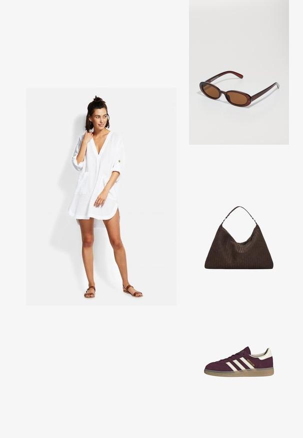 Biele, ľahké šaty košeľového strihu s výstrihom do V, trojštvrťovými rukávmi, prednými vreckami a voľným strihom. Obsahuje minimálne švy.; Bordový semišový tenisk s bielymi tromi pruhmi a béžovými akcentmi. Má textúrovanú gumovú podrážku a zlaté logo na boku.; Okrúhle slnečné okuliare s hnedým nádychom a lesklým burgundským rámom. Úzke ramená s jemným brandovaním. Plochej šošovky dizajn.; Hnedá tkaná kožená kabelka s voľným, trojuholníkovým tvarom. Má opletenú rúčku a zips na vrchu.