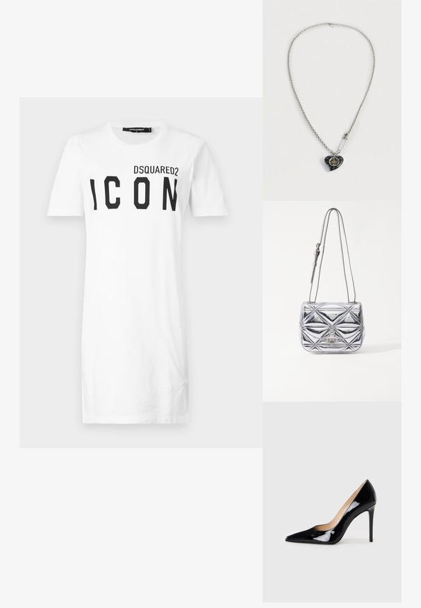Valkoinen puuvillapaita lyhyillä hihoilla, jossa on musta rohkea "ICON" -painatus ja "DSQUARED2" -logo yläpuolella. Klassinen pyöreä kaulus.; Mustat patentoitu nahkakengät, joissa on korkea korko ja terävä kärki, luovat sulavan siluetin. Kengissä on sileä, kiiltävä pinta ja hoikka stiletto-korko.; Metallinen hopea olkalaukku, jossa on geometrisesti tikattu muotoilu, litteä läppä ja säädettävä hihna hopeanvärisillä yksityiskohtilla.; Harmaa ketjukaulakoru, jossa on sydämenmuotoinen musta riipus, jossa kullatut yksityiskohdat, ja kiiltävä hakaneula kiinnitettynä lähelle riipusta.