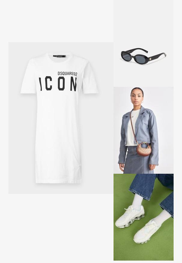 Hvid bomulds T-shirt med korte ærmer, prydet med en sort fed "ICON" trykning og "DSQUARED2" logo ovenfor. Klassisk crew-halsudskæring.; Hvide mesh sneakers med sølvpolstring, der har indviklede teksturer og snørebåndsdesign, parret med hvide ribbede sokker og denim.; Sorte ovale solbriller med mørke linser, glansfuld plastikramme, brede arme og en lille gul accent på den ene side.; Lille brun og beige håndtaske med et klassisk logo-mønster, gyldent hardware og en buet form, parret med en denimjakke og nederdel.
