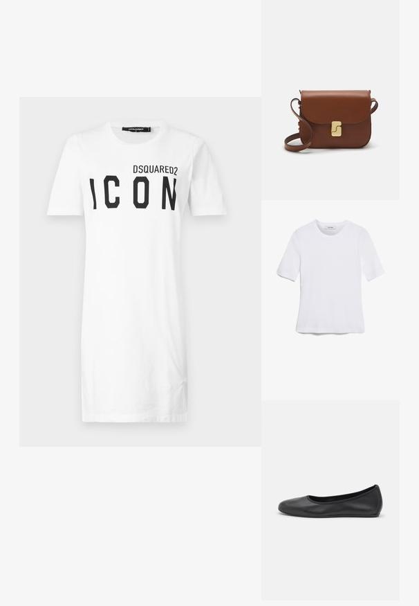 T-shirt en coton blanc à manches courtes, avec un imprimé noir en gras "ICON" et le logo "DSQUARED2" au-dessus. Col rond classique.; T-shirt blanc à manches courtes en tissu côtelé. Col rond, coupe régulière et détails de couture subtils. Aucune motif ni graphique.; Ballerines en cuir noir avec un bout rond, texture lisse, détails de couture minimalistes et design de semelle flexible.; Sac à main en cuir marron avec une fermeture à rabat, des accents en métal doré, une bandoulière et une texture lisse. Forme rectangulaire compacte.