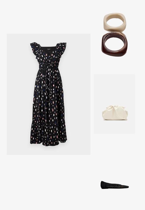 Czarna sukienka maxi z warstwowymi elementami, z falbaniastymi rękawami i marszczonym pasem. Posiada kolorowy, abstrakcyjny wzór w odcieniach różu, bieli i niebieskiego.; Czarne baleriny na szydełku z szpiczastym noskiem, charakteryzujące się plecioną teksturą i subtelną podszewką, zaprojektowane z myślą o komforcie i przewiewności.; Kremowa, miękka torba z sztucznej skóry o marszczonym wzorze, z regulowanym paskiem i subtelnym zapięciem na sznurek. Gładka faktura i zaokrąglony kształt.; Stradivarius SET ciemnobrązowy