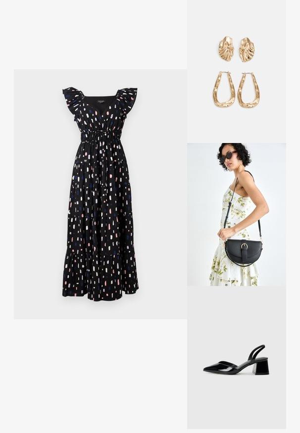 Abito maxi nero con design a strati, caratterizzato da maniche arricciate e vita arricciata. Presenta un motivo astratto colorato in rosa, bianco e blu.; Décolleté in vernice nera con punta affusolata e tacco in geometria cubica. Presentano un design elegante e minimalista, con una texture liscia.; Borsa a tracolla nera in pelle con una forma curva, manico rimovibile e accessori dorati. La borsa presenta una patta con un dettaglio a fibbia.; Orecchini in tono oro caratterizzati da forme ondulate eTexture. Comprendono chiusure clip-on scultoree e un design a cerchio aperto con finitura martellata.