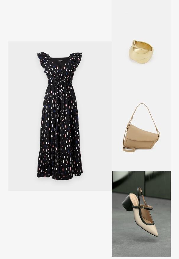 Rochie maxi neagră cu un design în straturi, având mâneci volanate și talie elastică. Are un model abstract colorat în roz, alb și albastru.; Pantof divers în nuanță bej, cu vârf ascuțit, curea de susținere în spate, cu margine neagră, cataramă aurie și toc gros pe un podea gri, cu un fundal verde închis.; Even&Odd Geantă de mână - beige; Iarba de aur cu un design neted, răsucit. Prezintă o suprafață lustruită și marginile rotunjite, creând o formă fluidă, continuă.