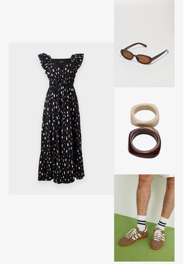 Černé maxi šaty s tiered designem, který má volánkové rukávy a nařasený pas. Mají barevný abstraktní vzor v růžové, bílé a modré barvě.; Hnědé semišové tenisky s bílými akcenty a tkaničkami. Gumová podrážka. Nošeny s bílými ponožkami s černými pruhy. Zelená strukturovaná podlaha.; Kulaté sluneční brýle hnědé barvy s lesklým burgundským rámem. Úzké nožičky s jemným logem. Rovné čočky.; Stradivarius SET - Náramek - dark brown