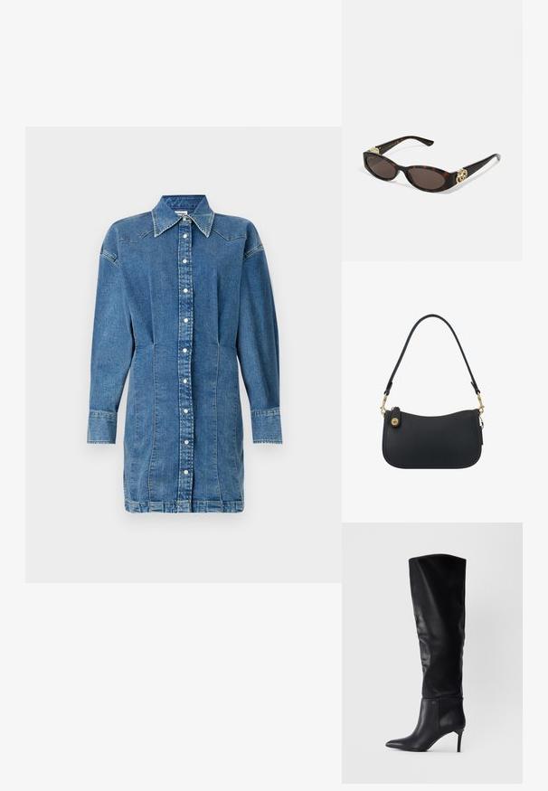 Vestido camisa de ganga, azul claro, mangas longas, frente abotoada, colarinho pontiagudo, costuras laterais com ligeira franzido e detalhes costurados.; Bota preta de couro acima do joelho com bico afiado, salto agulha e um design elegante com um detalhe de logótipo no tornozelo.; Óculos de sol de tartaruga com lentes ovais alongadas, tom castanho, acentos de logotipo dourado nas hastes e hastes pretas elegantes.; Bolsa de ombro em couro preto com um design curvado, acessórios em ouro e fecho com zíper. Possui uma alça destacável e um detalhe de costura subtil.