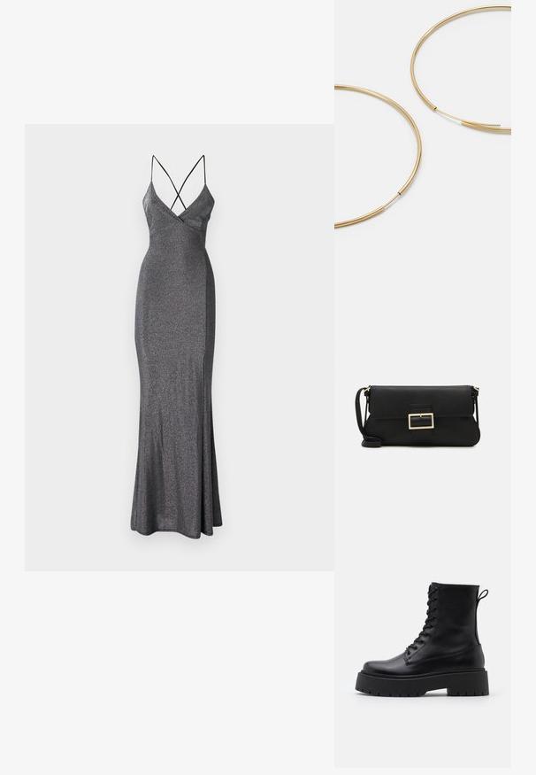Metalna siva maks haljina s prilagođenim tijelom, V-izrezom i križanim naramenicama. Široki rub daje pokret i oblik.; Crne kožne gležnjače s okruglim vrhom, vezanjem sprijeda i debelim gumenim potplatom s teksturiranim uzorkom. Tipa: traka za vuču na stražnjoj strani.; Crna kožna clutch torbica s preklopom i zlatnim metalnim detaljem kopče. Uključuje crnu trakicu i elegantan, minimalistički dizajn.; Zlatne kružne naušnice, tanke i okrugle, s glatkom metalnom površinom bez ukrasa ili uzoraka.