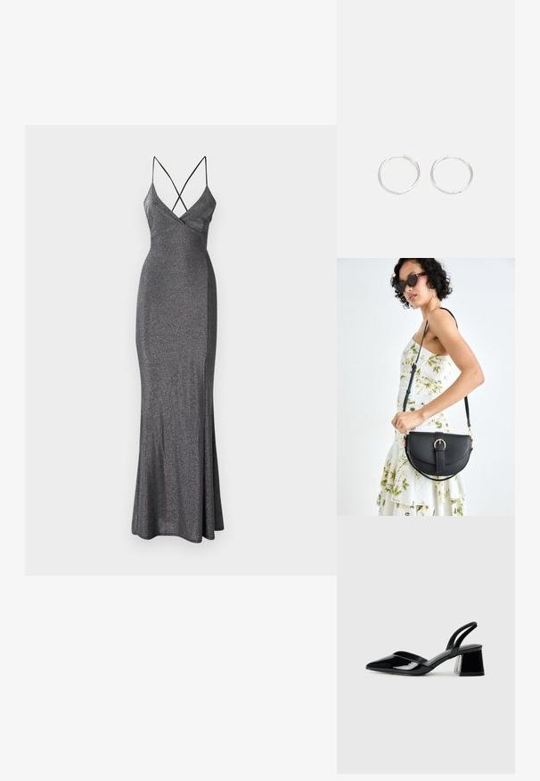 Metalna siva maksi obleka z oprijetim zgornjim delom, V-izrezom in križnimi naramnicami. Širša obleka dodaja gibanje in obliko.; Črne lakirane slingback pete s koničastim nosom in geometrijsko blokasto peto. Imajo eleganten, minimalističen dizajn in gladko teksturo.; Črna usnjena torbica s ukrivljeno obliko, z odstranljivo naramnico in zlatimi dodatki. Torbica ima pokrov s podrobnostmi v obliki zaponke.; Srebrne kroglice z elegantnim, okroglim oblikovanjem, z gladko površino in brez vidnih okrasnih elementov. Premer ni določen.