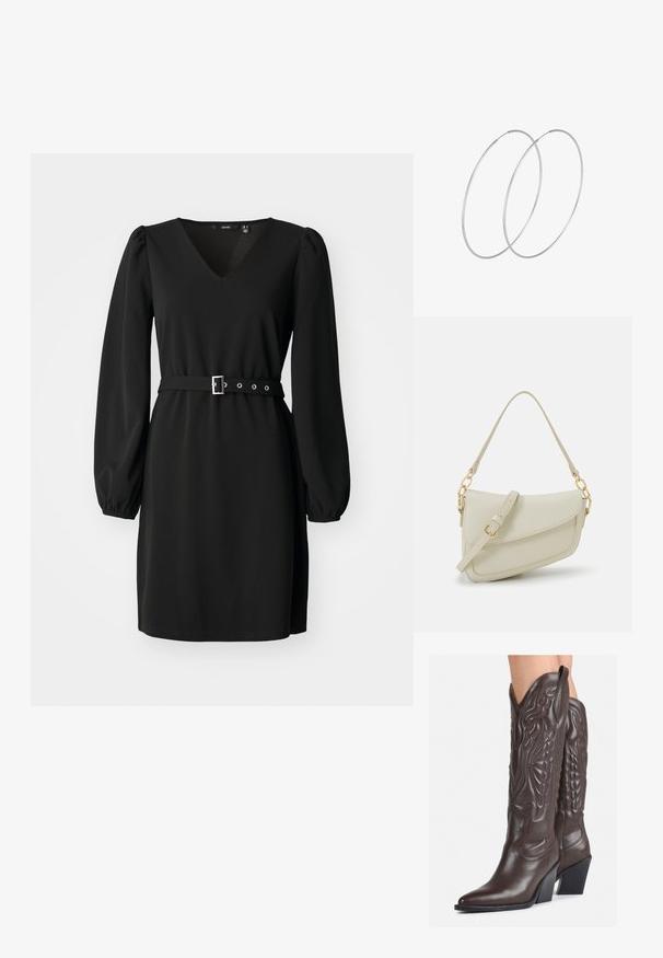 Černé šaty s hlubokým výstřihem do V a dlouhými nafouknutými rukávy. Mají přiléhavý pas s opaskem a stříbrnou sponou, hladký texturovaný materiál.; Hnědé kožené kovbojské boty s špičatou špičkou a blokovým podpatkem, se zdobným prošíváním a vyvýšenými akcenty na nárazu.; Malá krémová kabelka s texturovaným povrchem, dlouhým nastavitelným popruhem, řetízkovým akcentem a klopou. Ozdobné detaily zlaté barvy.; Stříbrné kruhové náušnice s minimalistickým designem. Kruh, hladký povrch a tenký profil. Lehká konstrukce s lesklým povrchem.