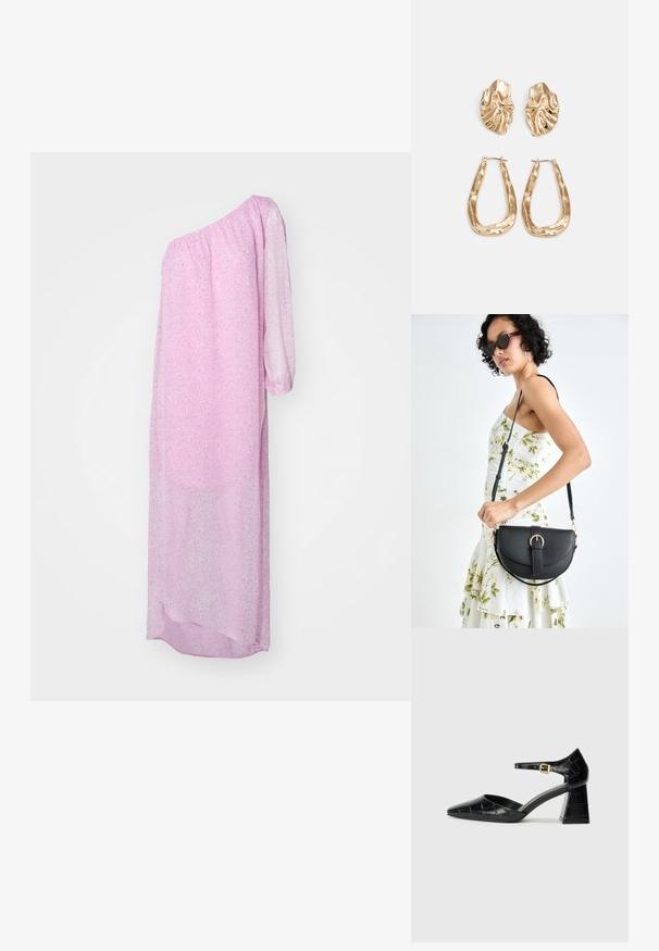 Rožinė, permatoma, vieno peties suknelė su ilgu, šiek tiek pūsteliu rankovėmis ir gėlių raštu. Ilga, laisva ir švelnaus drapavimo.; Juodos lakinės odos aukštakulniai batai su smailiu kumščiu, kulkšnies dirželiu ir tekstūruotu krokodilo raštu. Kvadratinis stulpelis.; Juodas odinis krepšys su išlenkta forma, nuimamu dirželiu ir auksiniais detalėmis. Krepšys turi kilpą su sagtimi.; Auksinės auskarai, turintys tekstūruotus, bangų formos elementus. Įeina skulptūriniai segami auskarai ir atviri lankai su išmuštu paviršiumi.