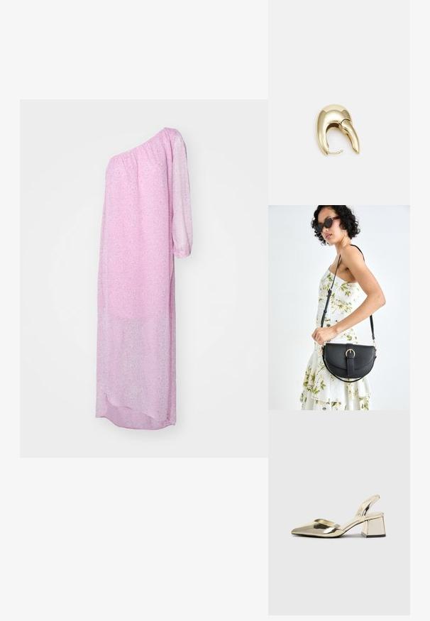 Rožinė, permatoma, vieno peties suknelė su ilgu, šiek tiek pūsteliu rankovėmis ir gėlių raštu. Ilga, laisva ir švelnaus drapavimo.; Auksiniai, metaliniai slingback aukštakulniai bateliai su smailiu pirštu ir masyviu kulnu. Lygus paviršius, minimalizmo dizainas ir siaura juostelė.; Juodas odinis krepšys su išlenkta forma, nuimamu dirželiu ir auksiniais detalėmis. Krepšys turi kilpą su sagtimi.; Aukso tono metalinės auskarai su stilingu, kreiviu dizainu. Išsiskiria ryškiu smailiu pavidalu, poliruota paviršiumi ir užsegimu su vyriu.