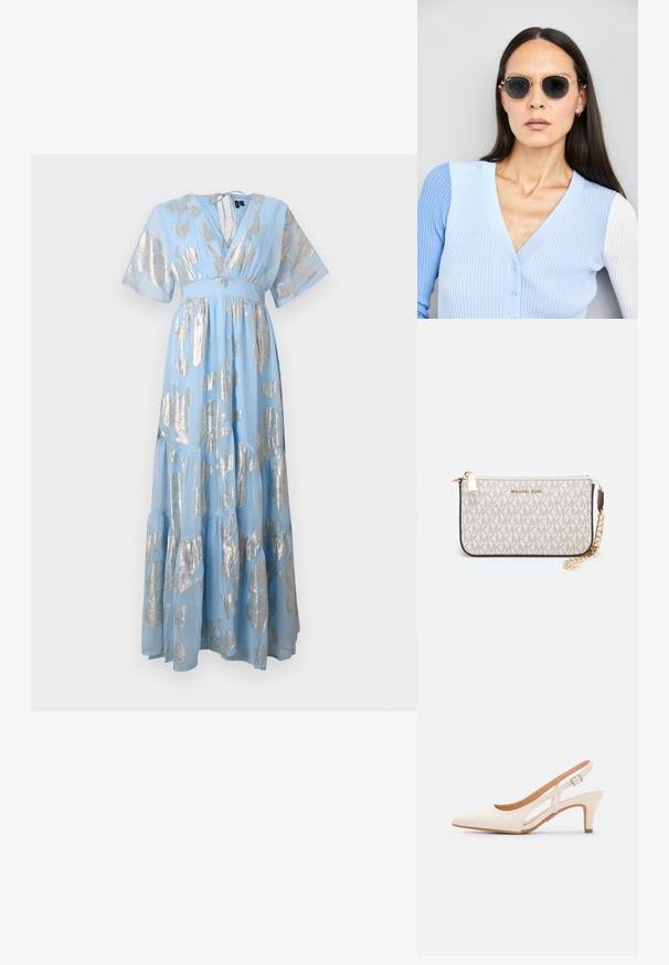 Lyseblå maxi-kjole med sølv abstrakte mønstre, korte pufferm, V-hals og tiered skjørt. Mykt stoff med en flytende design.; Hvit slingback-hel med spiss tå, glatt overmateriale, lav blokkhelt, og cut-out-design på siden med justerbar spenne.; Runde solbriller med mørke linser og guldrammer. Modellen har en lyseblå, ribbet cardigan med knapper og kontrast hvide ærmer på.; Michael Kors håndleddsveske i beige belagt kanvas med et gjentakende MK-logo mønster, gullfarget maskinvare og en avtakbar kjede-rem.