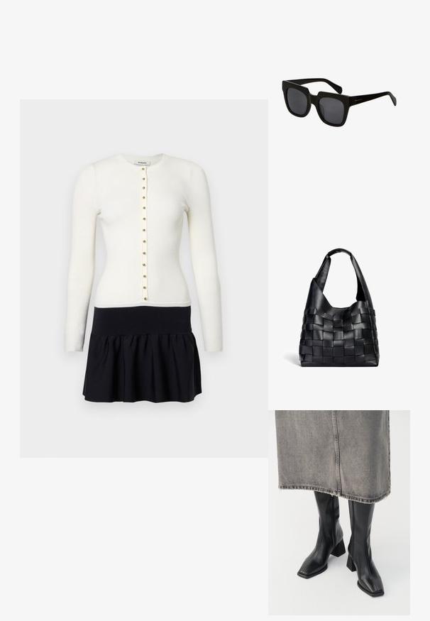 Varrukaelne valge kangas, millel on soonikud ja kuldsed nööbid, koos musta laieneva seeliku ja vormitud vöökohtaga.; Mustad põlvini nahast saapad, millel on ruudukujuline varvas ja klotsikontsa. Kandmisel halli teksaseelikut, mille serv on frakreebriga.; Mustad mustad prillid paksude plastikraamide ja tumedate läätsedega. Käed on stiilsed läikiva viimistlusega ja minimaalse brändimisega.; Must mustrask käekott mustast nahast, millel on hõljuv kuju ja lai õlavarre rihm. Omab tekstuuri, punutud mustrit, mis on sileda pinnaga.