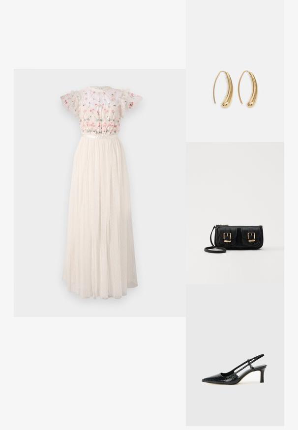 Vit maxikjol med en blomsterbroderad byst, puffärmar och en texturerad, lager av tylskjorta med prickar över hela.; Svart lackskin slingback-häl med spetsig tå, med texturerad ormskinnsprint, justerbar rem och en kort, texturerad blockklack.; Svart läderaxelväska med två framfickor, guldspännen, dragkedjestängning och en smal rem. Texturerad yta och kompakt rektangulär form.; Guldtonade metallörhängen i en kurvad, avlång form. Har en slät, glänsande yta och en rundad spets för en extra detalj.