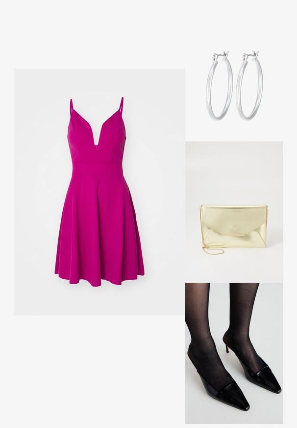 Fuksija haljina s tankim trakama, dubokim V-izrezom, pripijeno tijelo i lepršava suknja. Izrađena od glatkog materijala s zatvaračem na leđima.; Crne lakirane mule s uskim nosom i niskim dizajnom. Imaju tanak potpeticu i kombinirane su s crnim prozirnim najlonkama.; Zlatna metalna torbica s preklopom, glatke teksture i odvojivom lancem za nošenje. Ima pravokutni zlatni dodatak sprijeda.; Srebrne kružne naušnice s glatkom, poliranom površinom. Okrugli oblik i sigurno kopčanje na klik. Lagani dizajn pogodan za svakodnevno nošenje.