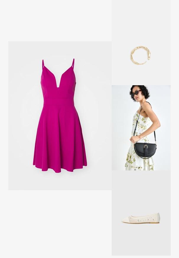 Fuksiaroosa kleit õhukeste rihmadega, sügava V-dekolteega, eest tihedaltistuv kehaosa ja laienev seelik. Valmistatud siledast kangast, millel on tagumine lukku sulgemine.; Kohev varbaosa, kreemikad nahkplätud, mille läbipaistev ülaserv on kaunistatud laiali asetatud sädeleva kivid. Pehme talla disain mugavuseks, minimalistlik välimus.; Mustmust mustraha kõverate joontega, eemaldatava rihmaga ja kuldsete detailidega. Kotil on klapp, millel on pandladetail.; Kuldtoonis sõrmus, millel on orgaaniline, keerdunud disain sileda tekstuuri ja kitsenevate otstega, luues kaasaegse skulptuurilise välimuse.