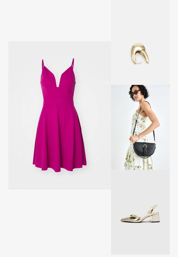 Ružová šaty s tenkými ramienkami, hlbokým výstrihom do V, priliehavým telom a rozšírenou sukňou. Vyrobené z hladkej tkaniny so zipsovým uzáverom na chrbte.; Zlaté kovové lodičky na podpätku so špicatou špičkou a robustným podpätkom. Hladký povrch, minimalistický dizajn a úzka remienok.; Čierna kožená kabelka s zaobleným tvarom, odnímateľným popruhom a zlatými doplnkami. Kabelka má klopu s detailom s prackou.; Náušnice z kovu v zlatej farbe s elegantným, zakriveným dizajnom. Majú charakteristický špicatý tvar, leštený povrch a uzáver na pánt.
