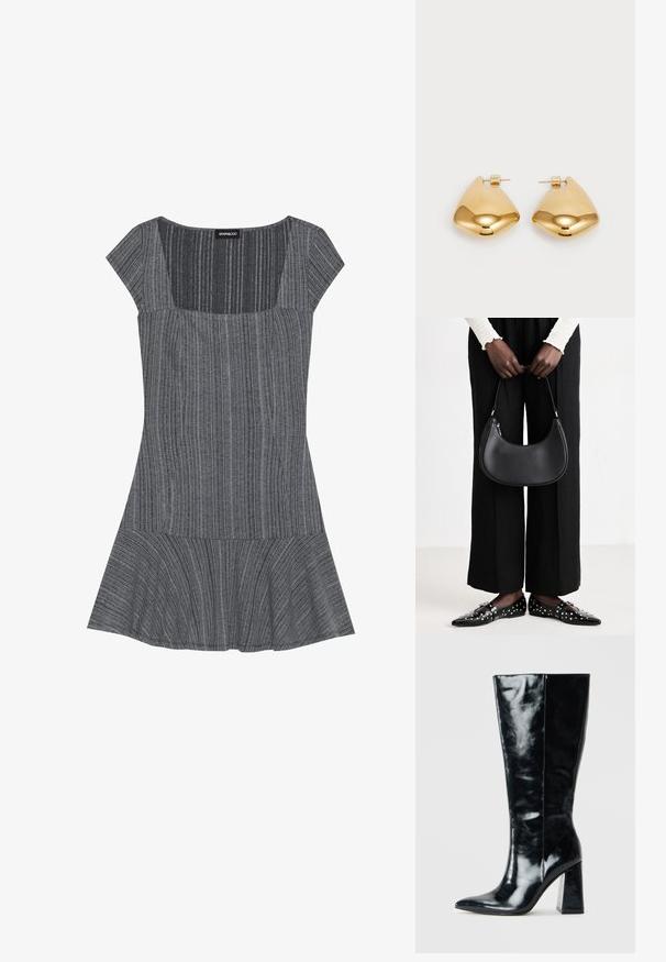 Grå randig klänning med korta ärmar, fyrkantig halsringning och utsvängd fåll. Tillverkad av textil med struktur, med vertikal randdesign.; Svarta knähöga stövlar i blankt läder, med spetsig tå och en kraftig geometrisk klack med en slät yta.; Svart läderaxelväska med rundad form, glänsande yta och silverdetaljer. Person bär svarta vida byxor och nitprydda loafers.; Guldtonade metallörhängen med en slät, rundad triangulär form och design med postback; reflekterande yta med minimal detaljering.