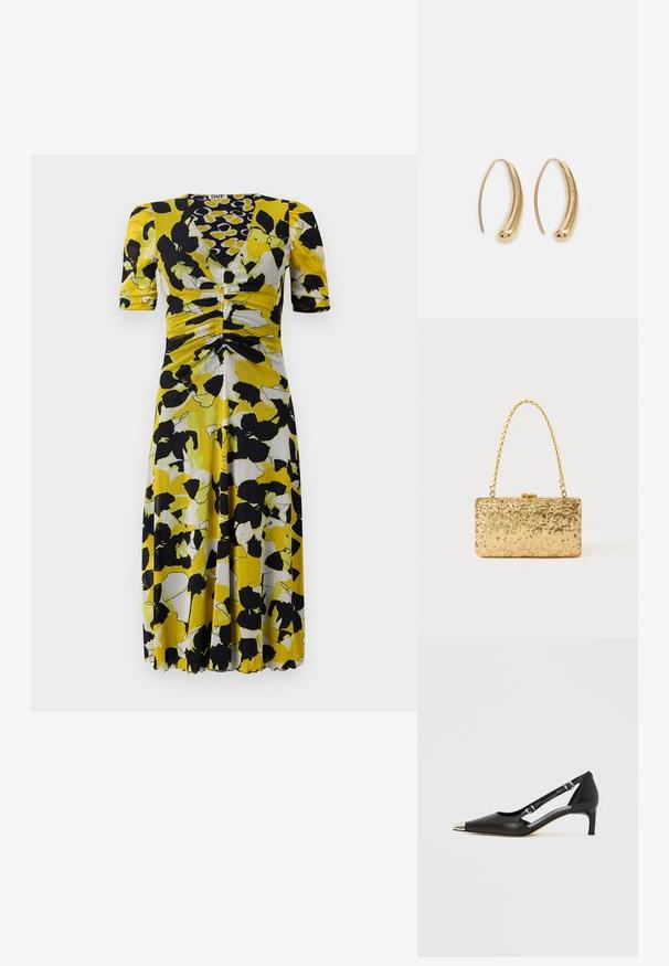 Blumendruckkleid mit einem gelb, schwarz und weißen Muster, V-Ausschnitt, kurzen Ärmeln und raffinierten Details an der Taille.; Schwarzer Lederschuh mit Katzenabsatz, spitzer silberner Zehenkappe und doppelten Schnallenriemen vor weißem Hintergrund.; Goldene Pailletten-Clutch mit rechteckiger Form, ausgestattet mit einem gedrehten Kettenhenkel und einem Metallverschluss, der das Licht mit einer strukturierten Oberfläche reflektiert.; Goldfarbene Metall-Hoops mit einer geschwungenen, länglichen Form. Sie verfügen über eine glatte, glänzende Oberfläche und eine abgerundete Spitze für zusätzliche Details.