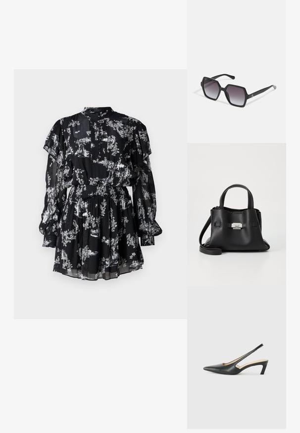 Fekete virágmintás ruha fodros ujjal, gombos díszítéssel és rugalmas derékkal. Könnyű anyagból készült, áttetsző textúrával.; Fekete, hegyes orrú, slingback cipő alacsony sarkával, sima bőrből készült, oldalt kivágott deisgnal a légáteresztőképesség érdekében.; Fekete, hatszögletű napszemüveg, fokozatosan sötétedő lencsékkel, fényes felülettel és diszkrét logóval a szárán. Tartós műanyagból készült.; Fekete bőr kézitáska struktúrált felülettel, két felső fogantyúval, levehető vállpánttal és ezüst színű csattal.
