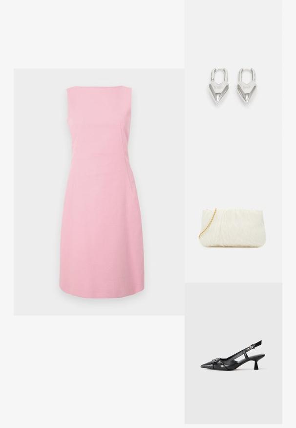 Ružová bezrukávová šaty typu sheath s textúrovanou tkaninou, prispôsobeným strihom a bočnými vreckami. Okrúhly výstrih a dĺžka po kolená.; Čierne kožené slingback topánky s špicatou špičkou, ozdobnými popruhmi s kovovými očkami a nízkym blokovým podpätkom. Textúrovaný povrch.; Biela textúrovaná kabelka na ruku s nariaseným dizajnom, s zlatým reťazovým popruhom. Hladký povrch s jemnými vlnkami a zaoblenými hranami.; Strieborné zámky v tvare srdca so vygravírovanými nápismi "ÁNO" a "NIE", leštený povrch, symetrický dizajn a robustný kovový uzáver.