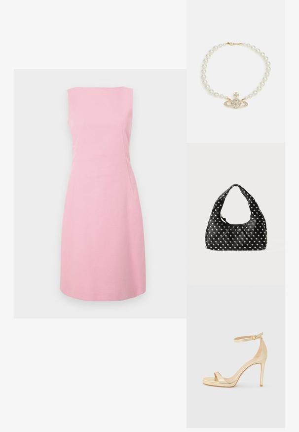 Pink sleeveless sheath dress with a textured fabric, fitted design, and side pockets. Round neckline and knee-length hem.; Gold metallic high-heeled sandal with an open toe, ankle strap with a buckle, and a platform sole for added height. Smooth texture.; Black leather handbag with a curved handle, featuring a pattern of metallic studs evenly distributed across the surface. Zipper closure.; Vivienne Westwood ONE ROW BAS RELIEF CHOKER - Necklace - gold-coloured/cream