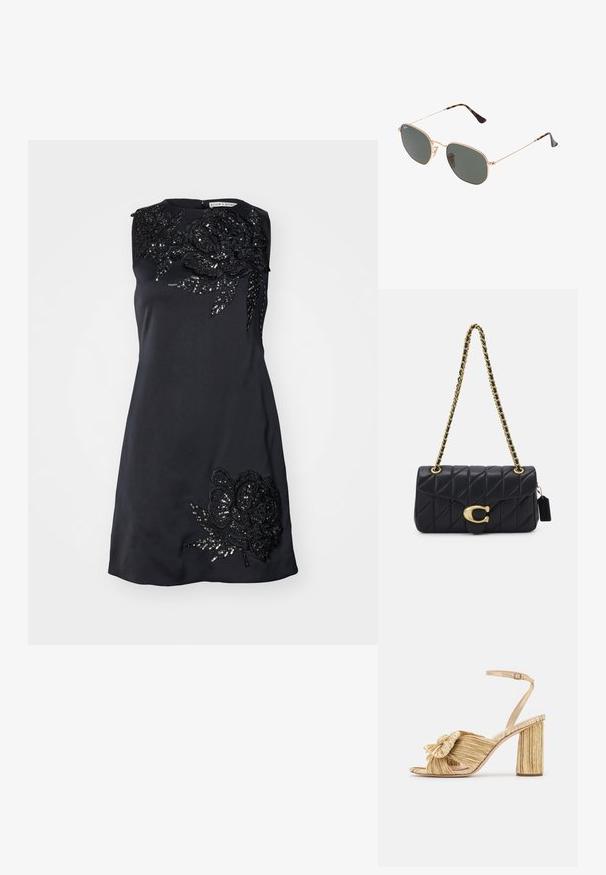 Αμάνικο μαύρο φόρεμα με λουλουδάτους στρας διακοσμητικούς στοιχείων στους ώμους και το στρίφωμα, που διαθέτει λεία υφή και εφαρμοστή γραμμή.; Χρυσές σανδάλες με τακούνι, με κόμπο στο μπροστινό μέρος, πτυχές στην υφή και λουράκι στον αστράγαλο. Το τετράγωνο τακούνι διαθέτει ριγωτή σχεδίαση, που ενισχύει την πρόσφυση.; Γυαλιά ηλίου με χρυσό μεταλλικό σκελετό και σκούρο πράσινο φακό, στυλ πιλότου, με λεπτά χερούλια και καβουροειδείς λεπτομέρειες στις άκρες.; Μαύρη διακοσμημένη τσάντα χειρός με χρυσή αλυσίδα, με χαρακτηριστικό χρυσό κούμπωμα και μία μικρή ετικέτα, που αναδεικνύει μια υφή δερμάτινης επιφάνειας.