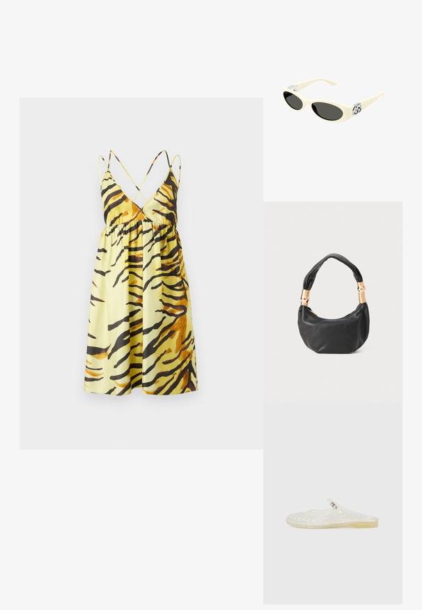 Nanushka CEIL żółty; Przezroczyste plastikowe buty wsuwane z wzorem w kratkę, zaokrąglony czubek i mały srebrny akcent na pasku. Elastyczna podeszwa w przezroczystym kolorze.; Okulary przeciwsłoneczne w kolorze kremowym z owalnymi soczewkami, czarnym przyciemnieniem i metalowymi logo na zausznikach. Gładka faktura, design w stylu kociego oka.; Czarna skórzana torebka o okrągłym kształcie, miękkiej fakturze i wiązanym uchwycie z akcentami w złotym odcieniu. Zamek błyskawiczny.