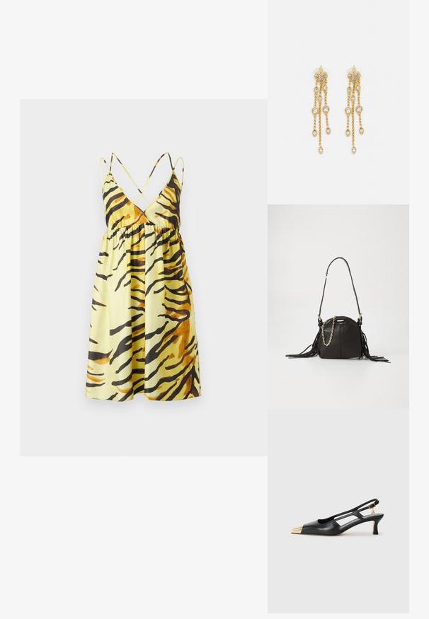 Nanushka CEIL - Dienas kleita - yellow; Melnas ādas sandales ar noslēgtu purngalu un zeltainu metāla uzgali. Iezīmējas ar izgriezumu dizainu un slaidu papēdi ar regulējamu siksnu.; Melnas ādas rokassoma ar apaļu formu, kurai ir frēzu akcenti, garš plecu siksna un zelta ķēdes detaļa.; Zelta tonī auskari ar vairākiem kaskādes ķēdēm, kas rotāti ar caurspīdīgiem ovāliem rhinestone akcentiem un dekoratīvām pīrsingiem.