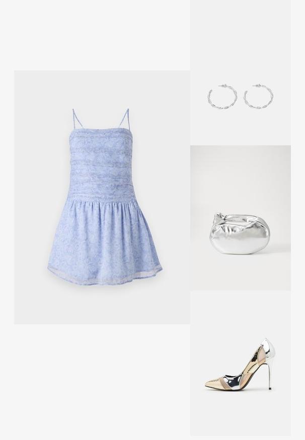 Gaiši zils vasaras kleita ar plānām siksnām, rušētu augšdaļu un izplestu apakšu; ar ziedu rakstu un gludu, vieglu audumu.; Apspīlēta augstpapēžu kurpe ar zeltītu, sudrabi un neitrālu krāsu kombināciju. Spīguļojoša virsma ar izgriezuma dizainu, aprīkota ar stiletto papēdi.; Sudraba metāliska poga somiņa ar mīkstu, noapaļotu formu un mezgla augšējo aizdari. Izgatavota no gludas mākslīgās ādas materiāla.; Sudraba gredzenveida auskari ar savītu dizainu, kas ir ar pulētu apdari un ar aizmugurēju fiksāciju. Izmērs ir aptuveni 3 cm diametrā.