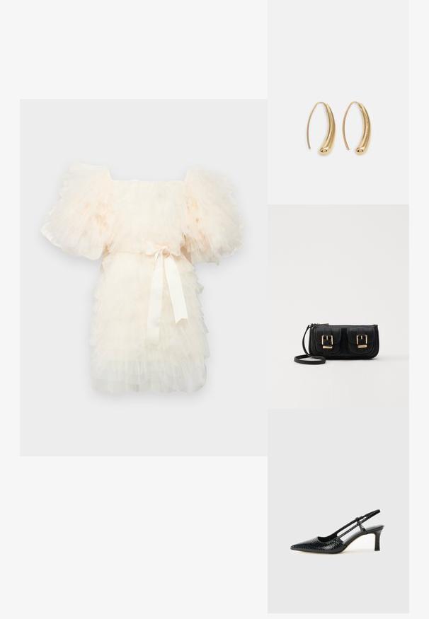 Ida Sjöstedt EXCLUSIVE CRYSTAL DRESS - Vestido de cóctel - ivory; Tacón slingback negro de charol con punta afilada, que presenta un estampado de serpiente texturizado, correa ajustable y un tacón bloque corto y texturizado.; Bolso cruzado de cuero negro con dos bolsillos frontales, hebillas doradas, cierre de cremallera y una correa delgada. Superficie texturizada y forma rectangular compacta.; Pendientes de aro de metal en tono dorado con una forma curva y alargada. Presentan una superficie lisa y brillante y una punta redondeada para mayor detalle.