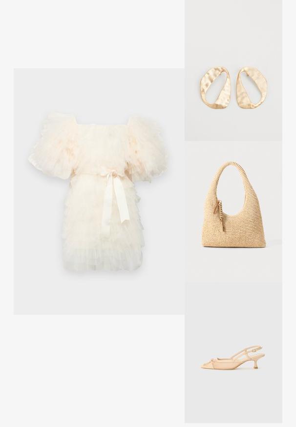 Ida Sjöstedt EXCLUSIVE CRYSTAL DRESS - Cocktailklänning - ivory; Stuart Weitzman KITTY - Pumps - beige/barely beige; Vävd beige handväska med ett böjt handtag, texturerad yta och en brun franjedetalj. Har en slapp hobo-form.; Ett par oregelbundna ovalformade örhängen i guldtonad metall med en strukturerad, något hamrad yta på en vit bakgrund.