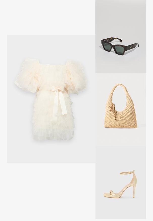 Ida Sjöstedt EXCLUSIVE CRYSTAL DRESS - Robe de soirée - ivory; Sandale à talons hauts en métal doré avec un bout ouvert, une bride à la cheville avec une boucle, et une semelle plate-forme pour plus de hauteur. Texture lisse.; Lunettes de soleil en écaille de tortue avec un cadre carré, des verres verts et le logo "VERSACE" doré sur les branches. Fini lisse et brillant.; Sac à main tissé beige avec une anse incurvée, une surface texturée et un détail de pompon marron. Présente une forme slouchy de style hobo.