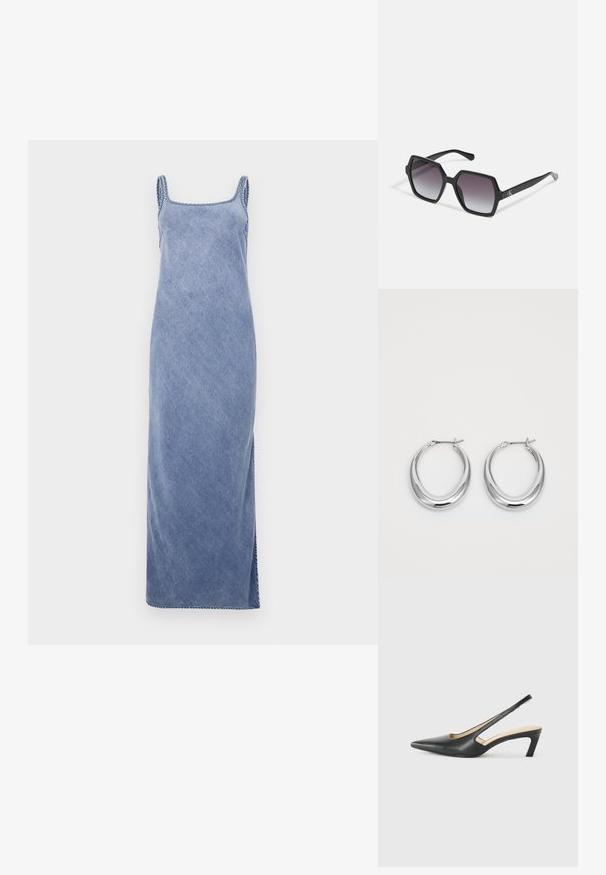 Blå denim maxi-kjole med firkantet hals, tynne stropper og sidespalter, med en lett strukturert finish og kontrasterende sømmer.; Svart spiss tå slingback-sko med lav hæl, laget av jevnt skinnmateriale og med utskåret design på siden for pusteevne.; Svart sekskantede solbriller med gradientlinser, med en blank finish og subtil merkevareføring på stangen. Slitesterk plastkonstruksjon.; Et par polerte sølv halvmåne hoop øredobber med hengselspenner på hvit bakgrunn.