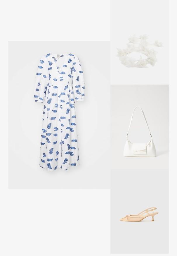 Bílé šaty s modrou květinovou potiskem, výstřih do V, dlouhé nabírané rukávy a stahovaný pas, vyrobené z lehké látky, délka po kolena.; Stuart Weitzman KITTY - Klasické lodičky - beige/barely beige; Bílá syntetická kabelka v trojúhelníkovém tvaru, s plochým předním klopným víkem a detailem mašle, nastavitelným popruhem, hladkým povrchem a minimalistickým designem.; Květinový čelenka vyrobená z bílých okvětních plátků s tenkým, pružným páskem. Okvětní plátky jsou měkké a lehké, což vytváří jemný, vrstvený vzhled.