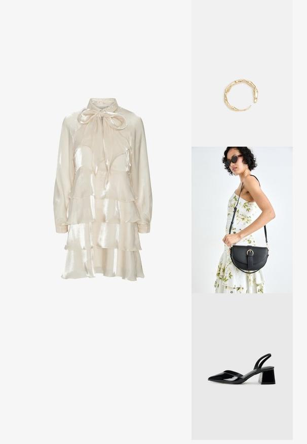 Kremo satino ilga rankovėmis su sluoksniuotais volanais ir didele negyva kaklo juostele.; Juodos lakuotos odinės šlepetės su smailiu pirštu ir geometriniu bloko kulnu. Turi elegantišką, minimalistinį dizainą ir lygų paviršių.; Juodas odinis krepšys su išlenkta forma, nuimamu dirželiu ir auksiniais detalėmis. Krepšys turi kilpą su sagtimi.; Auksinės spalvos žiedas, turintis organišką, sukimosi dizainą su lygiu paviršiumi ir siaurėjančiais galais, sukuriantis modernią skulptūrinę išvaizdą.