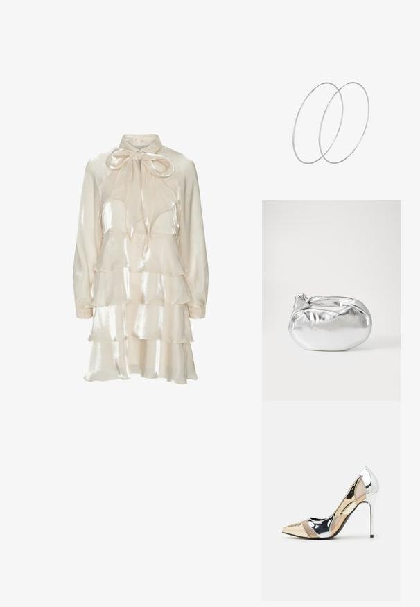 Krēms satīna gara piedurkne kleita ar slāņveida volāniem un lielu loku, kas sasiets ap apkakli.; Apspīlēta augstpapēžu kurpe ar zeltītu, sudrabi un neitrālu krāsu kombināciju. Spīguļojoša virsma ar izgriezuma dizainu, aprīkota ar stiletto papēdi.; Sudraba metāliska poga somiņa ar mīkstu, noapaļotu formu un mezgla augšējo aizdari. Izgatavota no gludas mākslīgās ādas materiāla.; Sudraba gredzenveida auskari ar minimālistisku dizainu. Cirkulāra forma, gluda tekstūra un plāns profils. Vieglu svaru ar spīdīgu apdari.