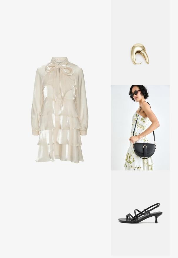 Kremo satino ilga rankovėmis su sluoksniuotais volanais ir didele negyva kaklo juostele.; Juodos aukštakulnės šlepetės su keliais perrištomis juostelėmis. Lygi medžiaga, smailas nosis ir siauras kulnas. Reguliuojama kulkšnies juostelė su sagtimi.; Juodas odinis krepšys su išlenkta forma, nuimamu dirželiu ir auksiniais detalėmis. Krepšys turi kilpą su sagtimi.; Aukso tono metalinės auskarai su stilingu, kreiviu dizainu. Išsiskiria ryškiu smailiu pavidalu, poliruota paviršiumi ir užsegimu su vyriu.