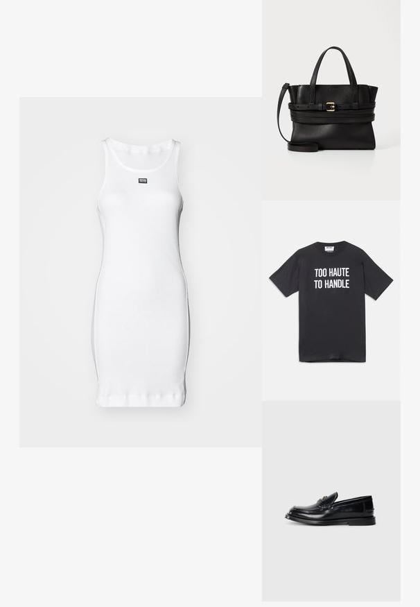 MOSCHINO JEANS PAINTER - Abito in maglia - fantasia bianco; T-shirt nera in cotone con maniche corte e scollatura rotonda, con testo bianco che recita "TROPPO CALDA DA GESTIRE" sul davanti.; Mocassino in pelle nera con un design cucito, una piccola linguetta anteriore e una suola in gomma piatta. Texture liscia con dettagli in metallo dorato.; Borsa a tracolla in pelle nera con design strutturato, doppi manici superiori, strap rimovibile e accentuazione in oro su una fascia orizzontale.