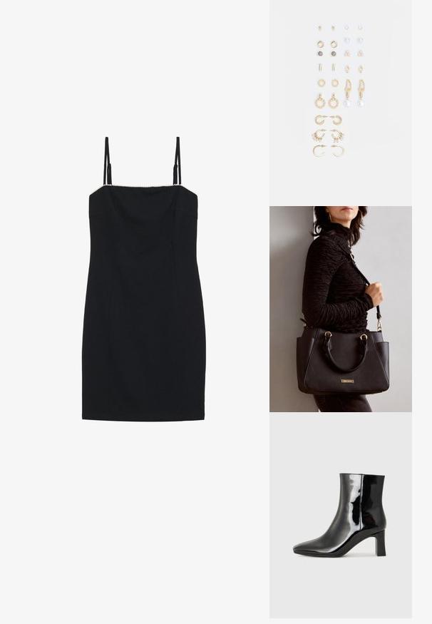 Melna mini kleita ar plānām siksnām un taisnu kakla izgriezumu. Tai ir pieguļoša siluets un teksturēta mala gar kakla izgriezumu.; Melnas patentētas ādas potīšu zābaki ar norādītu pirkstu un vidēja augstuma kvadrātveida papēdi. Gluda tekstūra un minimālisma dizains.; Melnā rokassoma ar teksturētu virsmu, diviem augšējiem rokturiem un regulējamu pleca siksnu. Iespējas ar zelta krāsas aparatūru un sānu kabatām.; Zeltainā tonī auskari, kas iekļauj dažādus dizainus, tostarp pīrsingu, gredzenus un karājošus elementus ar pērlēm un rhinestones.