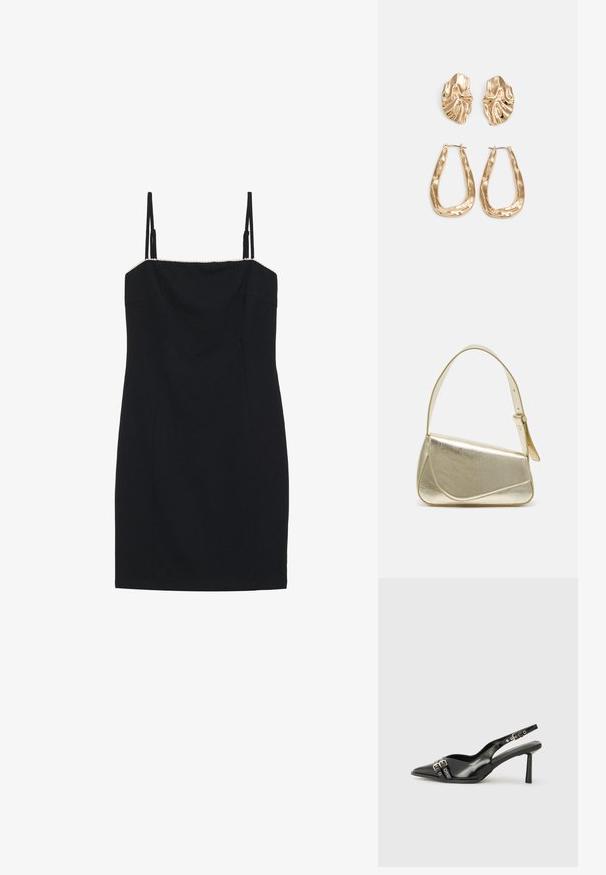 Črna mini obleka z tankimi naramnicami in ravnim izrezom. Ima tesno silhueto in teksturiran rob ob izrezu.; Črne patentne usnjene sandale s koničastim nosom, zankami okoli gležnja s srebrnimi sponkami in opremo ter vitkimi petami.; Zlata metalna torbica z urejenim dizajnom, gladko teksturo in nastavljivim trakom. Ima edinstveno trikotno obliko in minimalistično šivanje.; Zlato obarvani uhani z teksturiranimi, valovitimi oblikami. Vključujejo skulpturalne sponke za ušesa in odprto obliko obročka s kladivastim finišem.
