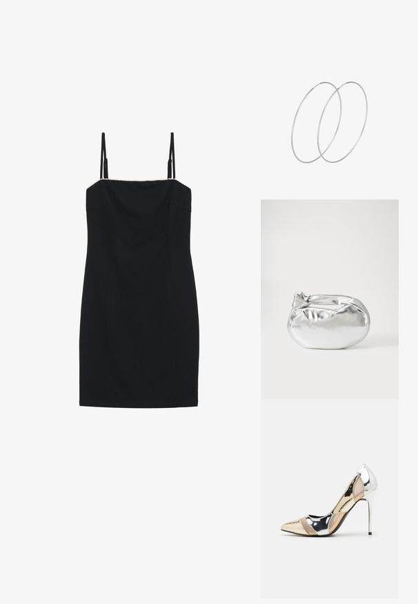 Crna mini haljina s tankim trakama i ravnim izrezom. Ima prilagođeni siluetu i teksturiranu ivicu duž izreza.; Cipele s visokom potpeticom i špicastim vrhom u srebrnoj, zlatnoj i nude boji. Sjajan finiš s izrezbarenim dizajnom, s potpeticom u obliku stiletto.; Srebrna metalik torbica s mekim, zaobljenim oblikom i čvorastim zatvaranjem na vrhu. Izrađena od glatke sintetičke kože.; Srebrne okrugle naušnice s minimalističkim dizajnom. Kružni oblik, glatka tekstura i tanak profil. Lagane s poliranim završetkom.