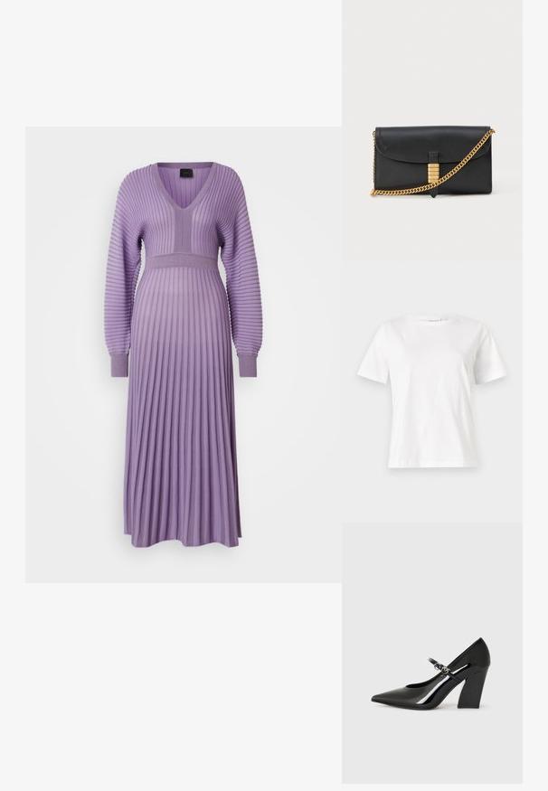 Abito a coste lilla con scollo a V, maniche lunghe a palloncino, vita aderente e gonna svasata con pieghe verticali.; T-shirt bianca in cotone con maniche corte, scollatura rotonda e vestibilità rilassata. Struttura liscia, senza motivi né accenti, design minimalista.; Scarpa con tacco alto in vernice nera, con punta appuntita, tacco spesso e una cinturino con dettagli in metallo.; Clutch in pelle nera con patta pieghevole, tracolla in catena dorata e un accento decorativo dorato con lettere in rilievo, texture liscia.