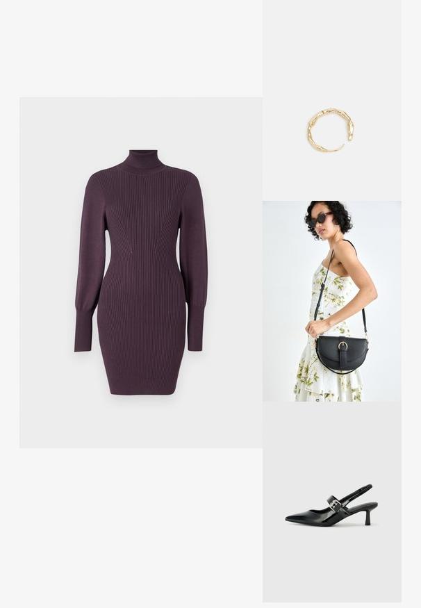 Adīta augstā apkakle kleita dziļā purpursarkanā krāsā, ar ribota raksta virsmu, pieguļošu piegriezumu un garām piedurknēm ar piegulējošiem aprocēm. Gluda auduma, minimālas detaļas.; Melnas lakotas ādas sūkņa kurpes ar norādītu purngali un mazu bloku papēdi, ar sudraba sprādzi akcentā uz jostas.; Melnas ādas rokassoma ar izliekta formu, noņemamu siksnu un zelta aksesuāriem. Somai ir vāciņš ar sprādzes detaļu.; Zelta toņa gredzens ar organisku, vērptu dizainu, gludu virsmu un sašaurinātiem galiem, radot mūsdienīgu, skulpturālu izskatu.